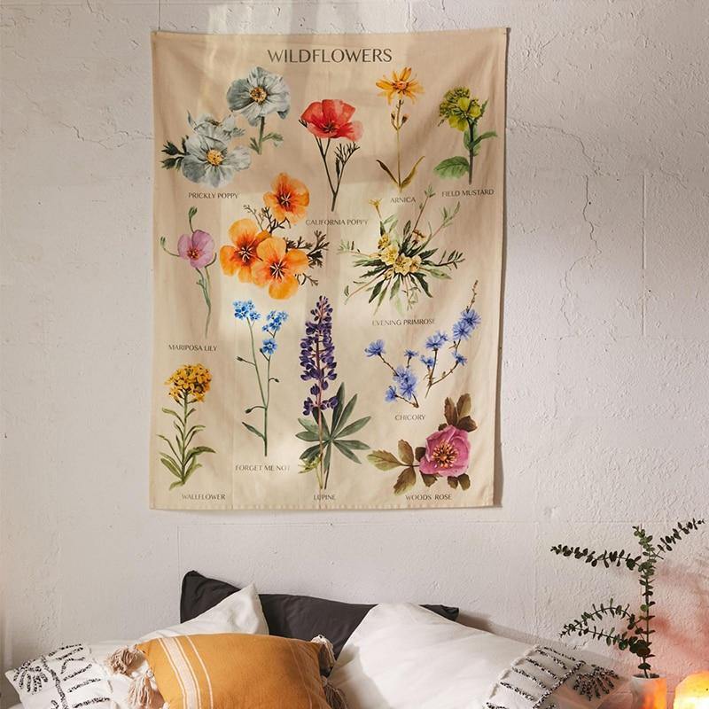 Botanical Wildflower Tapestry Wall Hanging Flower Reference Chart Hippie Bohemian Tapestries Colorful Psychedelic INS Home Decor - Ohbabyohman